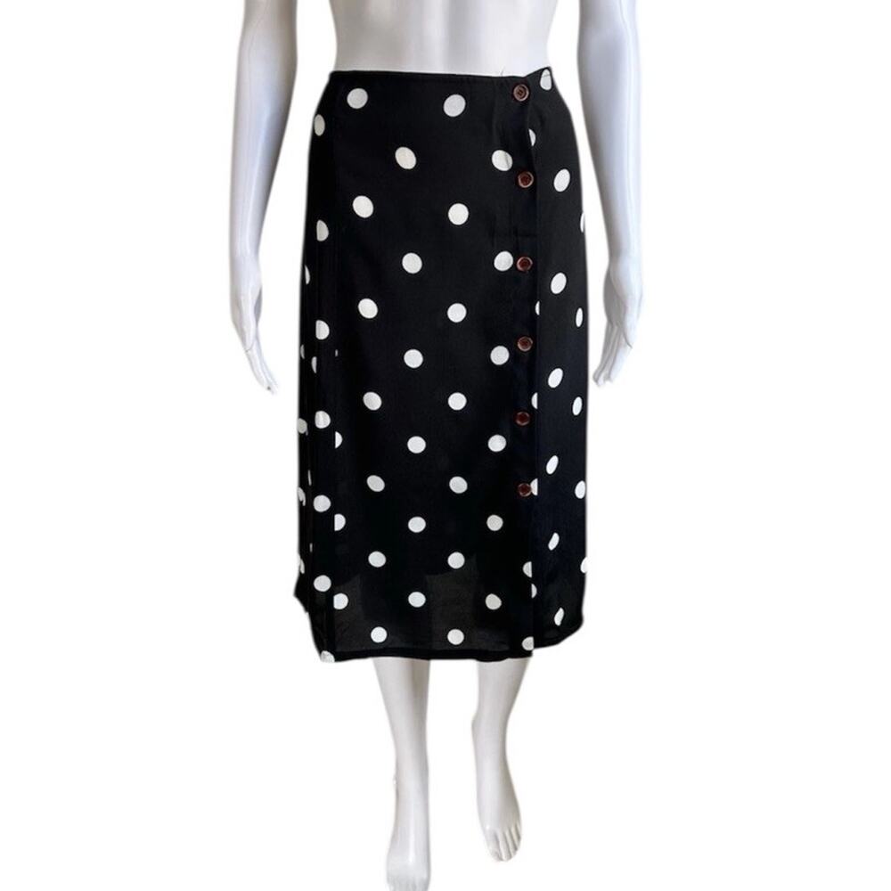 Free People Polka Dot Midi Skirt Womens 10 Wrap Button Black White Retro